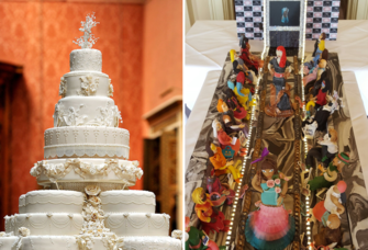 Collage of two most expensive wedding cakes including Kate Middleton and Prince William's and Debbie Wingham Runway Show Cake