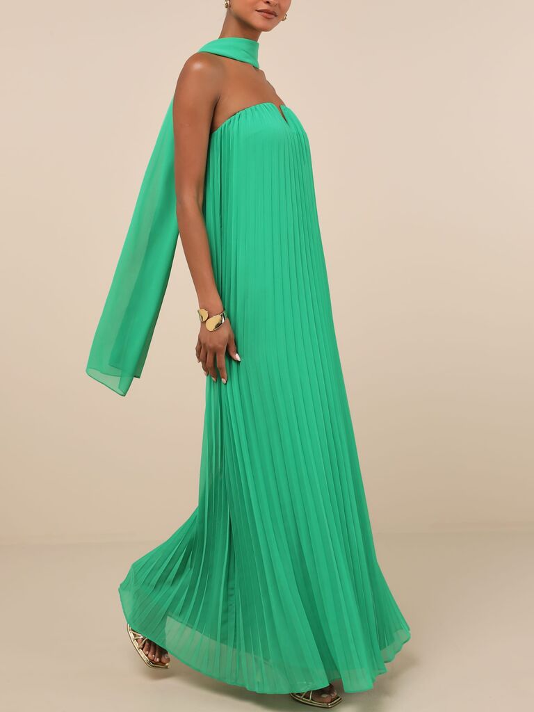Green Lulus pleated wedding guest dress