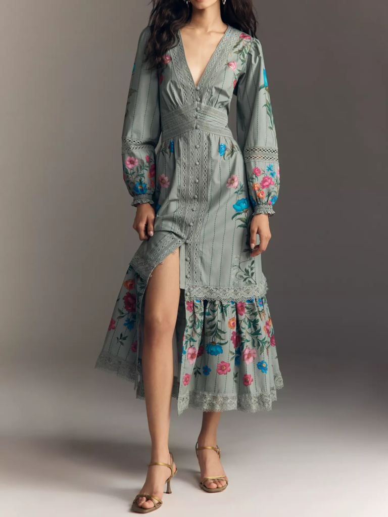 Anthropologie floral button front petite wedding guest dress for over 50s