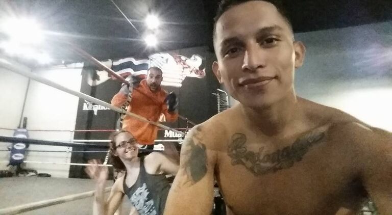 Dennis (orange sweatshirt) after a sparring session!