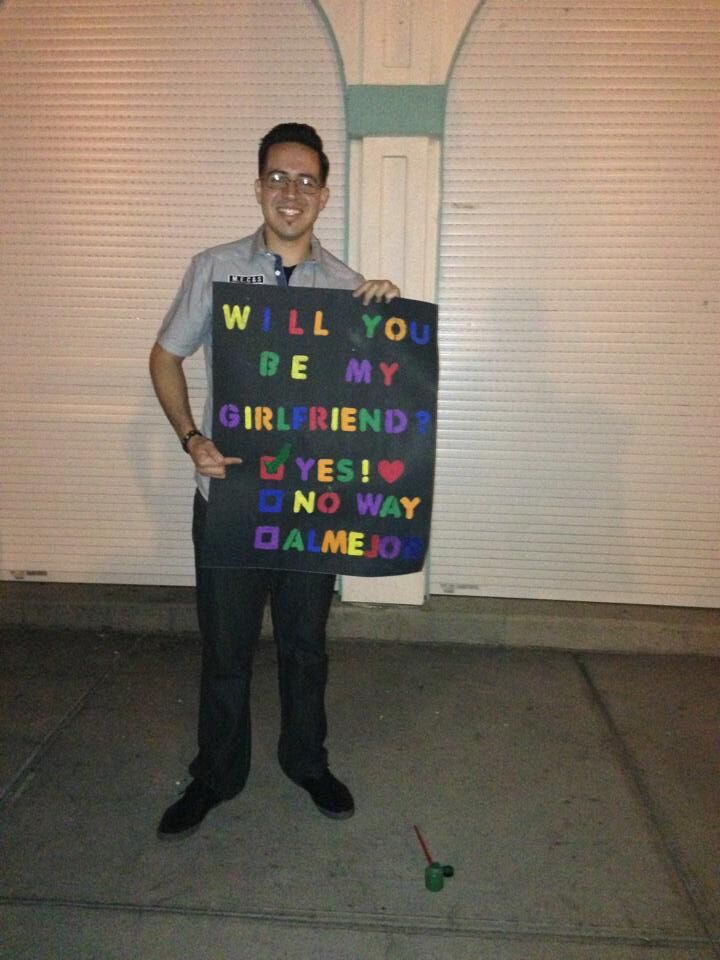 The Girlfriend Proposal. Alfredo guided me by telephone to meet him at the end of Manhattan Beach Pier where I found him standing as tall and handsome as ever, proudly holding a sign with checkboxes that read yes, no or maybe (in Spanish) asking me to be his girlfriend (see the paint & brush below).