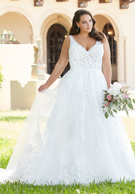 Beaded Floral Lace Plunging A-line Wedding Dress