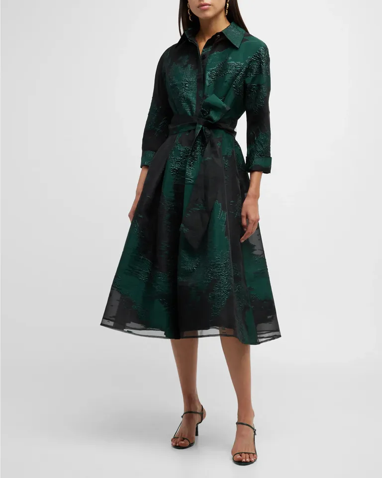 Jacquard dress with long sleeves and tie on waist