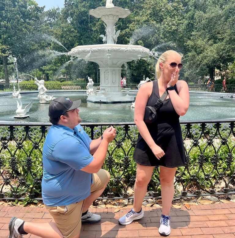 The day we got engaged!

I had been pestering Gavin for a long time about getting engaged. I had a strong feeling it was coming soon, but he kept finding ways to throw me off. 

This day in Savannah we planned to get brunch in Forsyth Park and take a trolley tour. I did not remotely think Gavin was going to propose during this time since it was such a casual part of our day. We had planned to go out that night for a nice dinner, and get all dressed up. I thought that if anything, it would be during dinner!

After brunch, we walked in Forsyth Park. He kept asking if we could find someone to take our picture, and I kept replying that we could just take a selfie, since we weren't dressed up. He kept insisting and asked someone. As you can see, I was completely shocked and overcome with joy. This was truly the easiest "Yes" that I have, and will ever say!