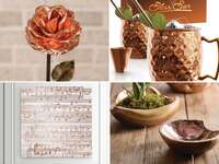 Collage of copper gift ideas for anniversary. 