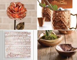 Collage of copper gift ideas for anniversary. 