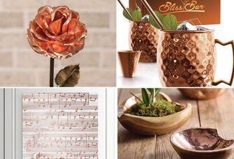 Collage of copper gift ideas for anniversary. 