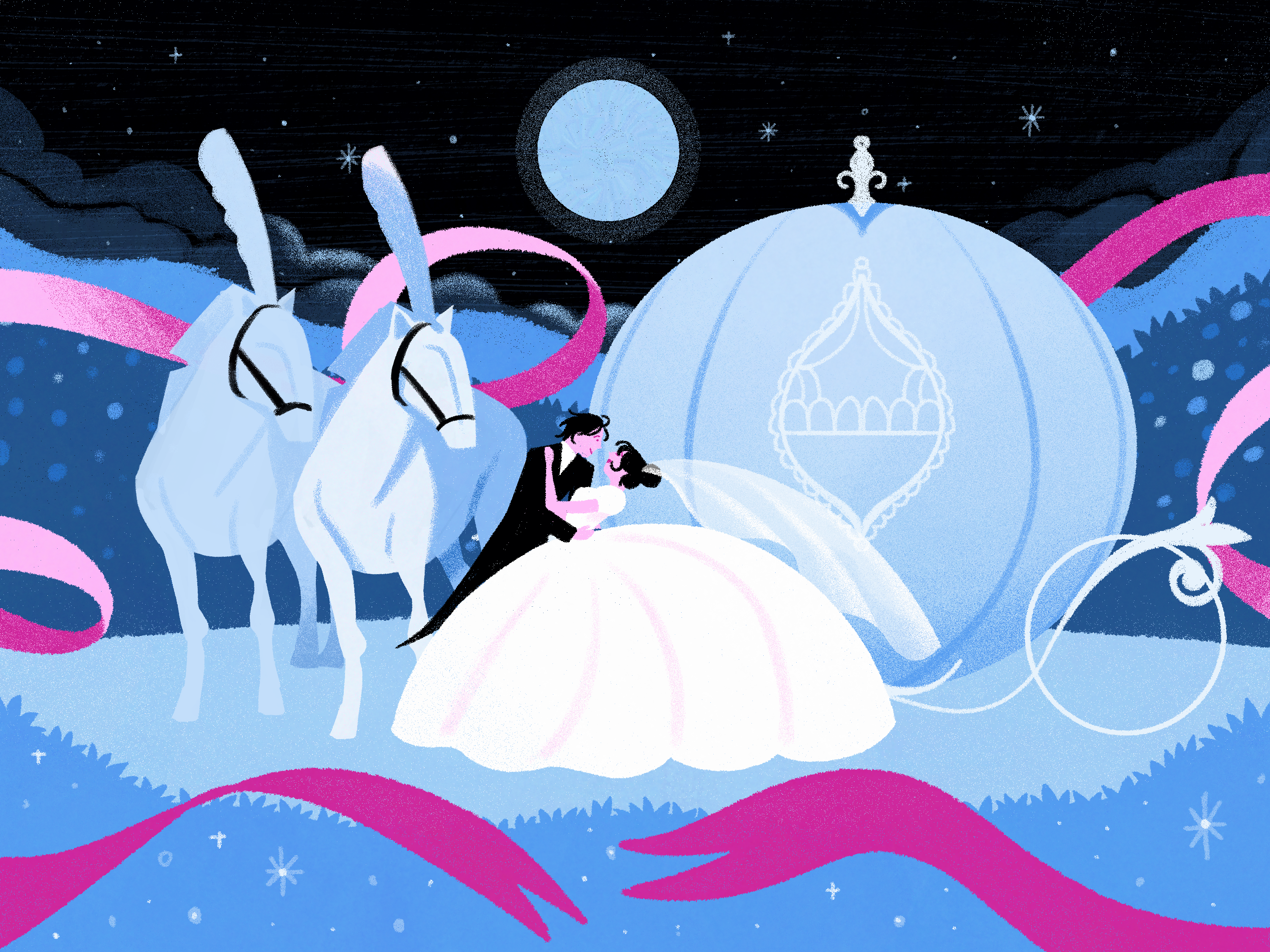 Illustration of Disney's Cinderella carriage pulled by two horses with a bride and groom leaning in for a kiss in front