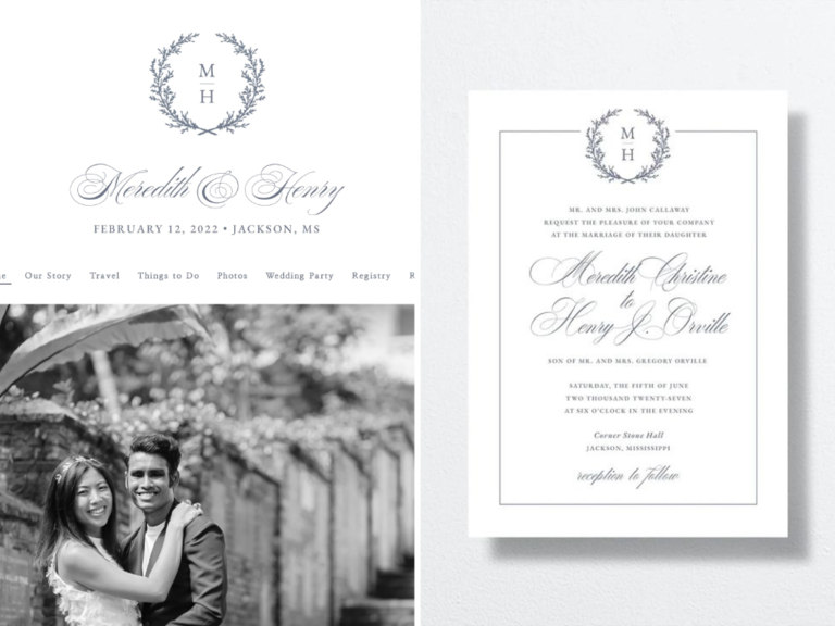 formal wedding website design and matching invitations with monogram crest and calligraphy font