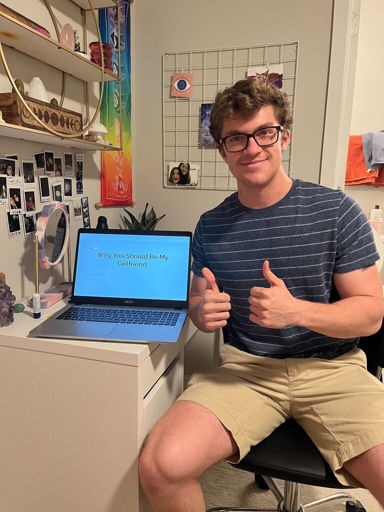 Bryce eventually made Jacqueline a PowerPoint presentation on why she should be his girlfriend, followed by a poem he wrote about her. 