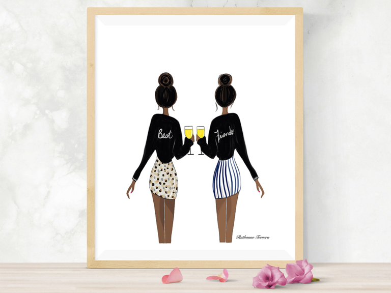 Customizable print of women wearing 'Best' 'Friends' jackets and holding glasses of wine