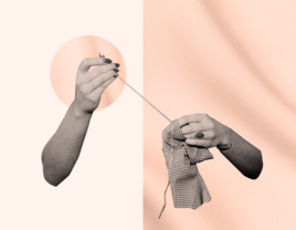 Hands sewing with a graphic background