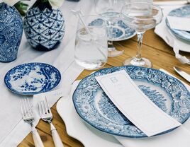 Blue and white china at a "something blue"-themed bridal shower