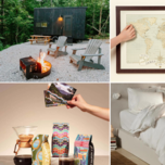 Collage of four anniversary gift ideas for couples who have everything