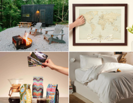 Collage of four anniversary gift ideas for couples who have everything