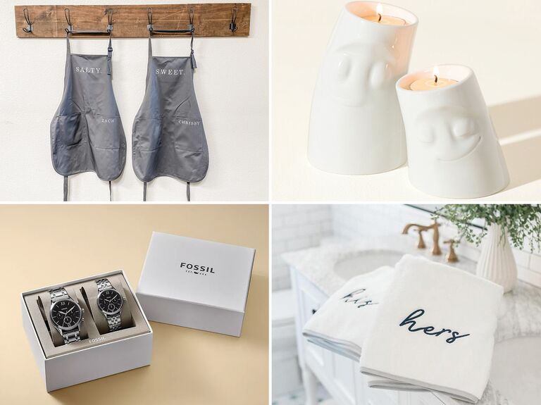 Four matching gifts for couples: personalized aprons, matching candles, his and hers towels, matching watches