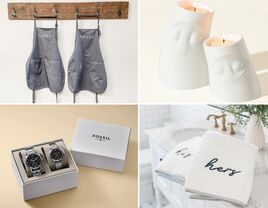 Four matching gifts for couples: personalized aprons, matching candles, his and hers towels, matching watches