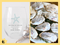 Beach wedding favors including stemless wine glass and oyster shell coasters