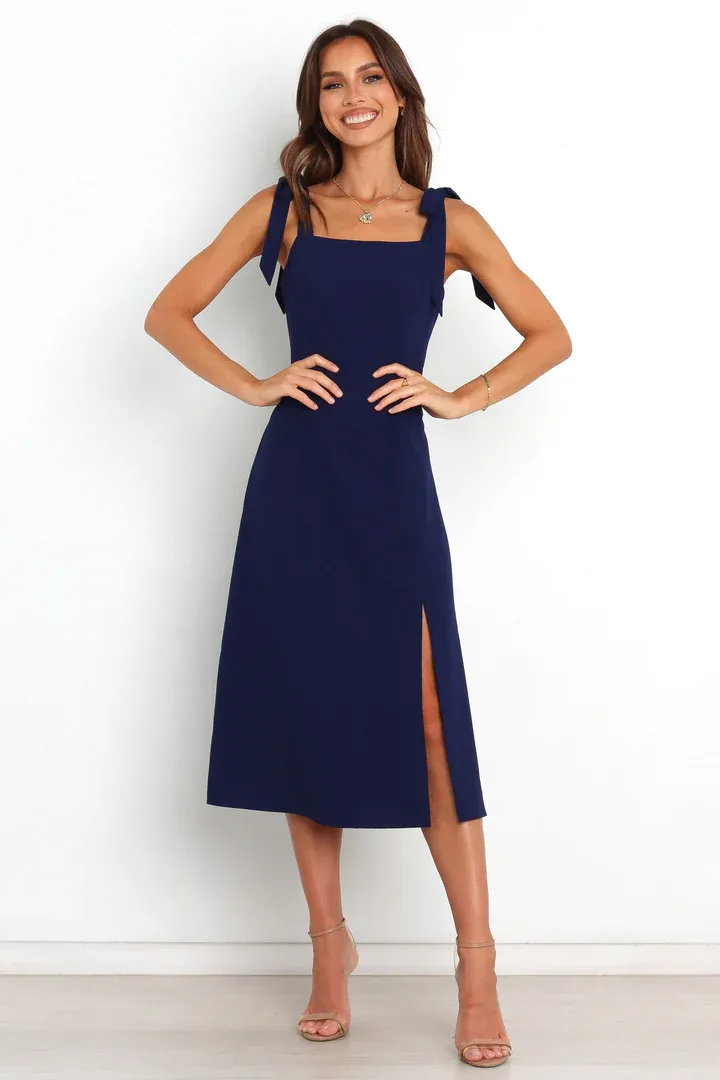 Simple midi dress with tie sleeves and front slit
