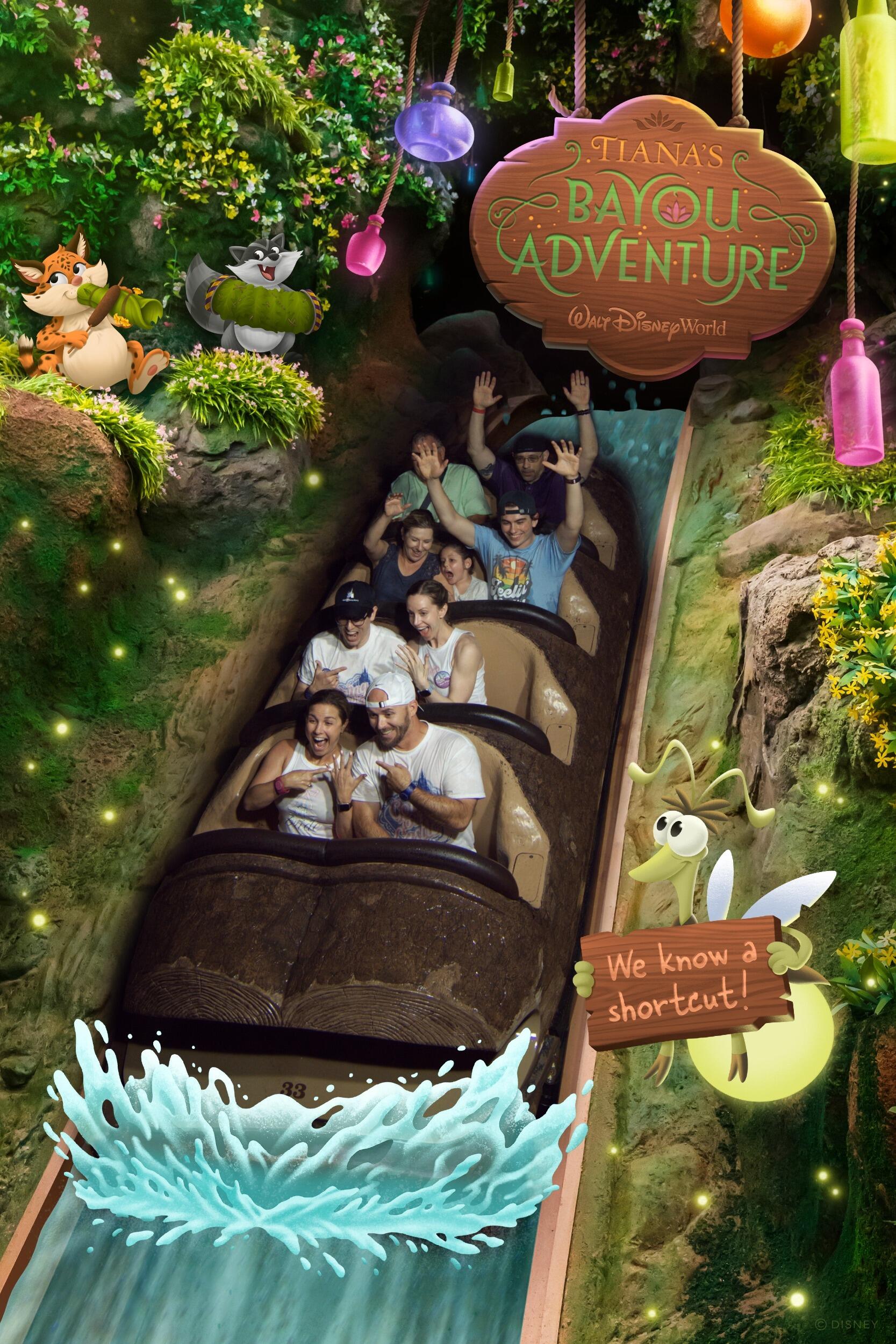 The foursome close out the night on Tiana's Bayou Adventure, which was a wise choice-- shortly after this photo is taken, Tyler hits Kirsten in the face grabbing for his hat that flies off, and all four of them get soaked on the ride.