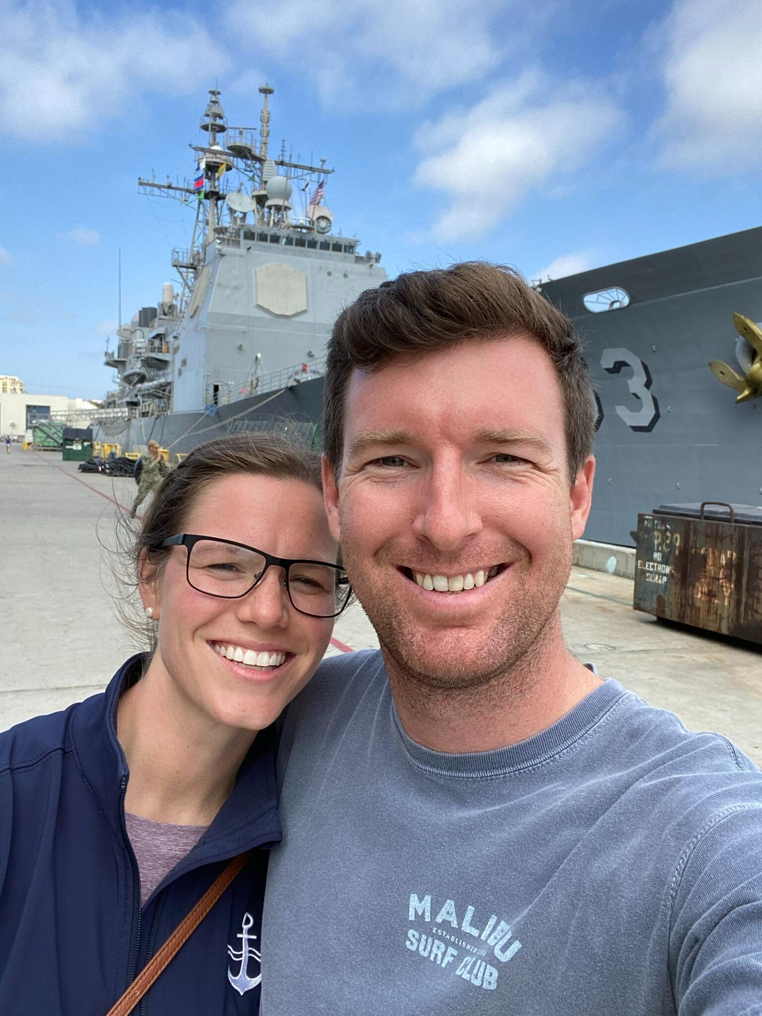 Gwen helps Bill load up his belongings on the USS Abraham Lincoln in preparation for his deployment.