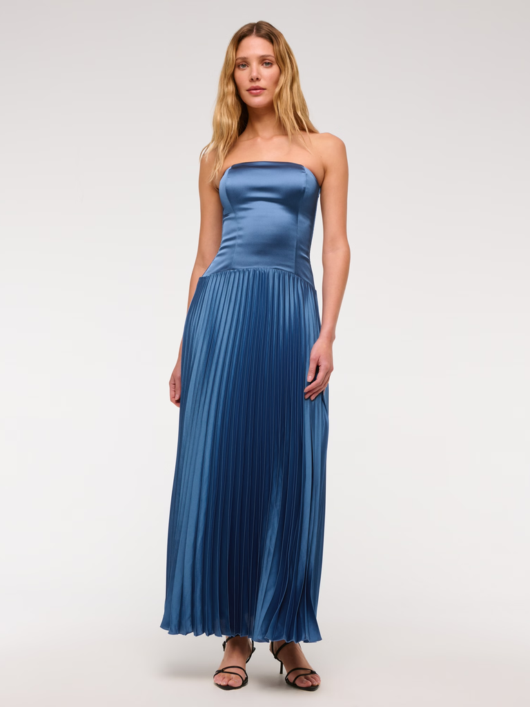 Strapless blue pleated maxi mommy and me dress for wedding from Abercrombie & Fitch