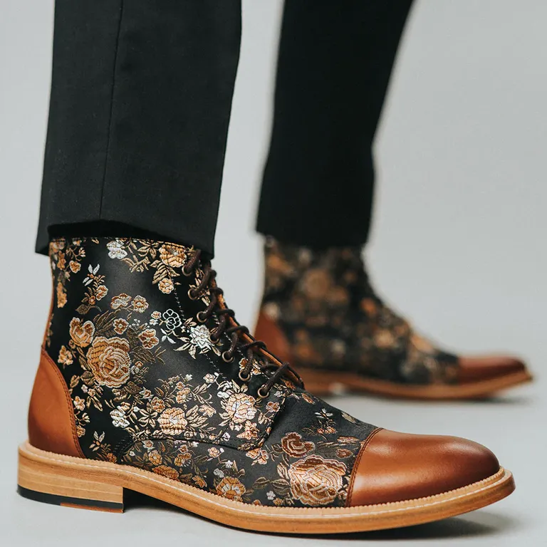 Floral print with brown toe cap accent lace up boots for wedding