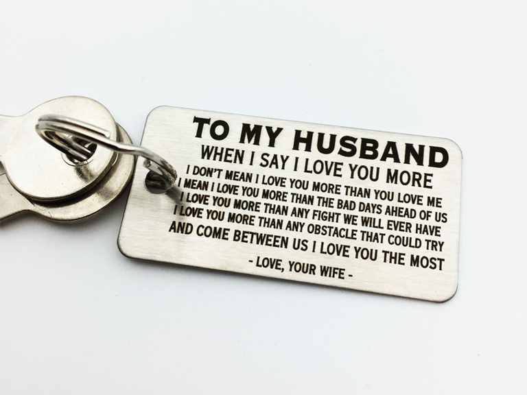 'To my husband' stainless steel keychain with 'I love you more' message engraved