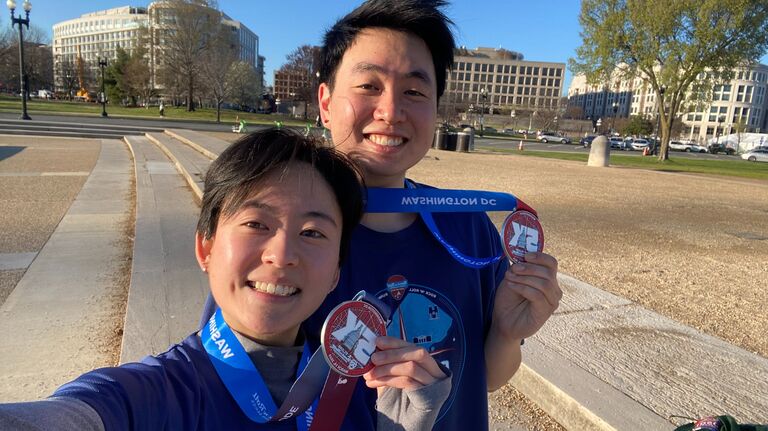 We spend our time nowadays cooking on weekends, taking care of our plants, reading books on the sofa, and (sometimes) running together. This is us, red-faced, after finishing a 5K. 