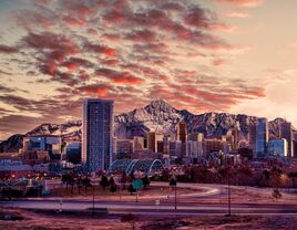 Denver skyline with beautiful rockies in backdrop and gumdrop sky