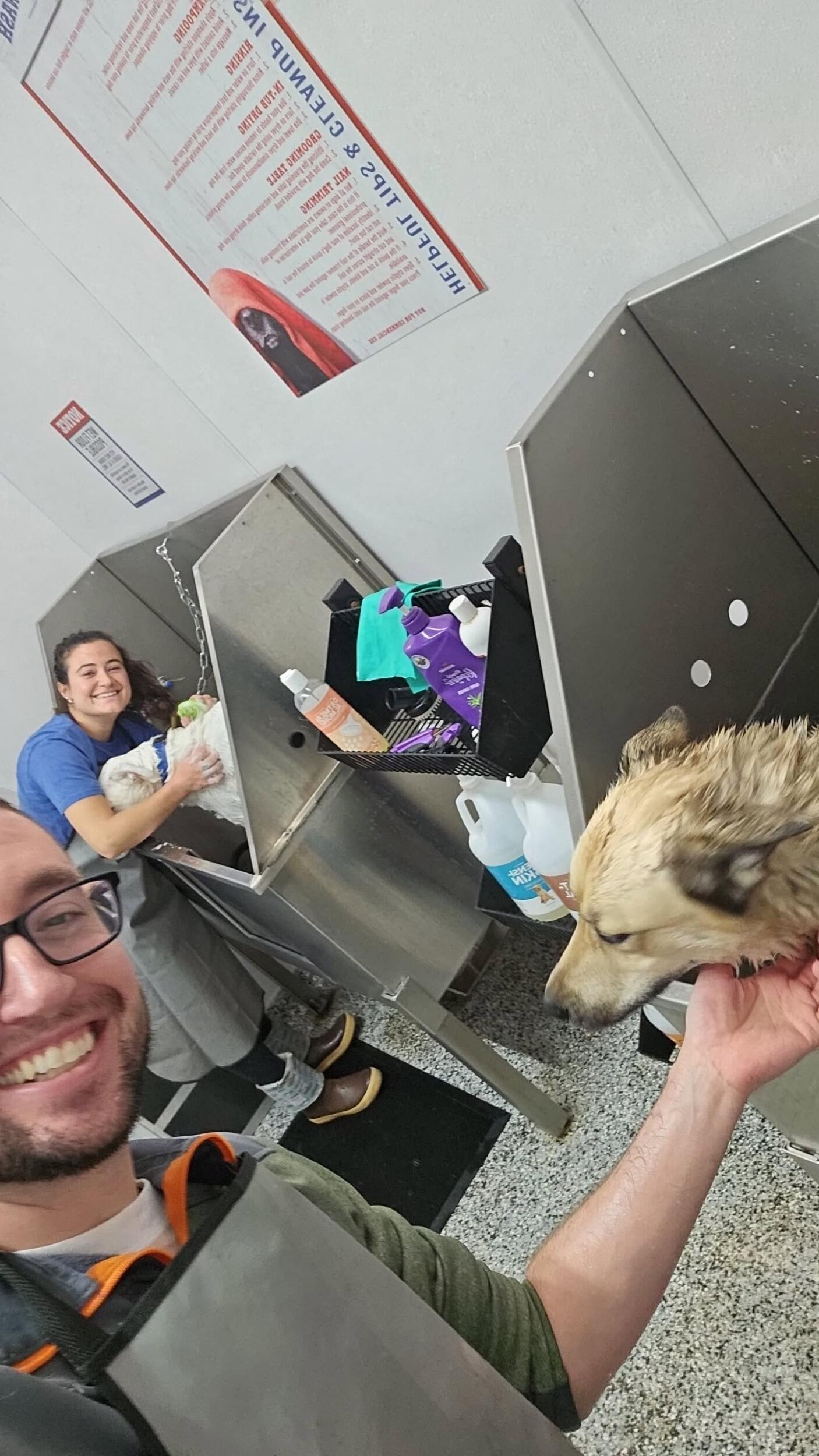 Jeremy making friends with her dogs, and helping her out with giving them a bath!