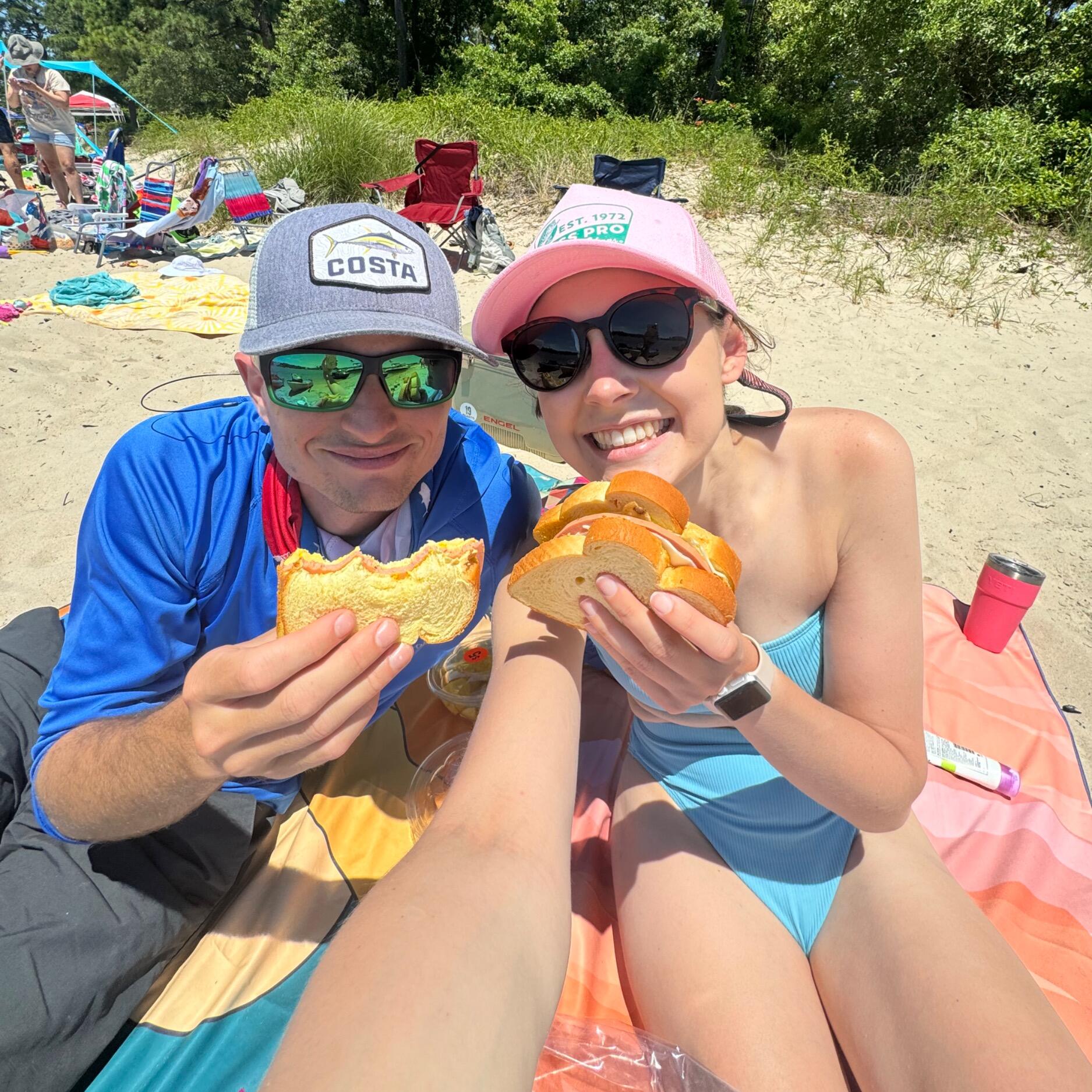 Beach sandwiches after a long morning of fishing on the kayaks.