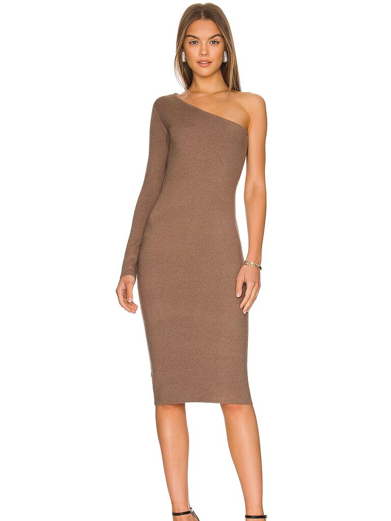 Model wearing a dusty cocoa mid dress with one-shoulder