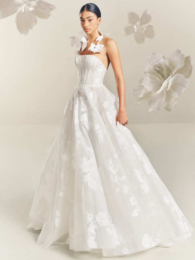 Strapless floral wedding dress by Mira Zwillinger. 