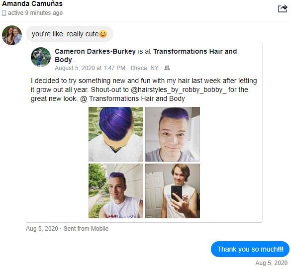 After a few weeks of not communicating, Amanda made the bold move of reaching out with a compliment on Cameron's even bolder COVID hair color choice after months of quarantine. This sparked more conversation and ultimately led to their first phone call on September 24th.