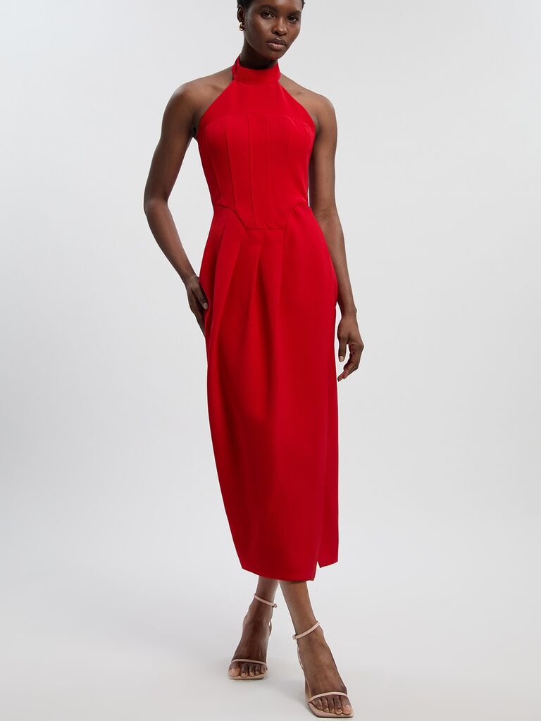 karen Millen red midi petite wedding guest dress for over 50s