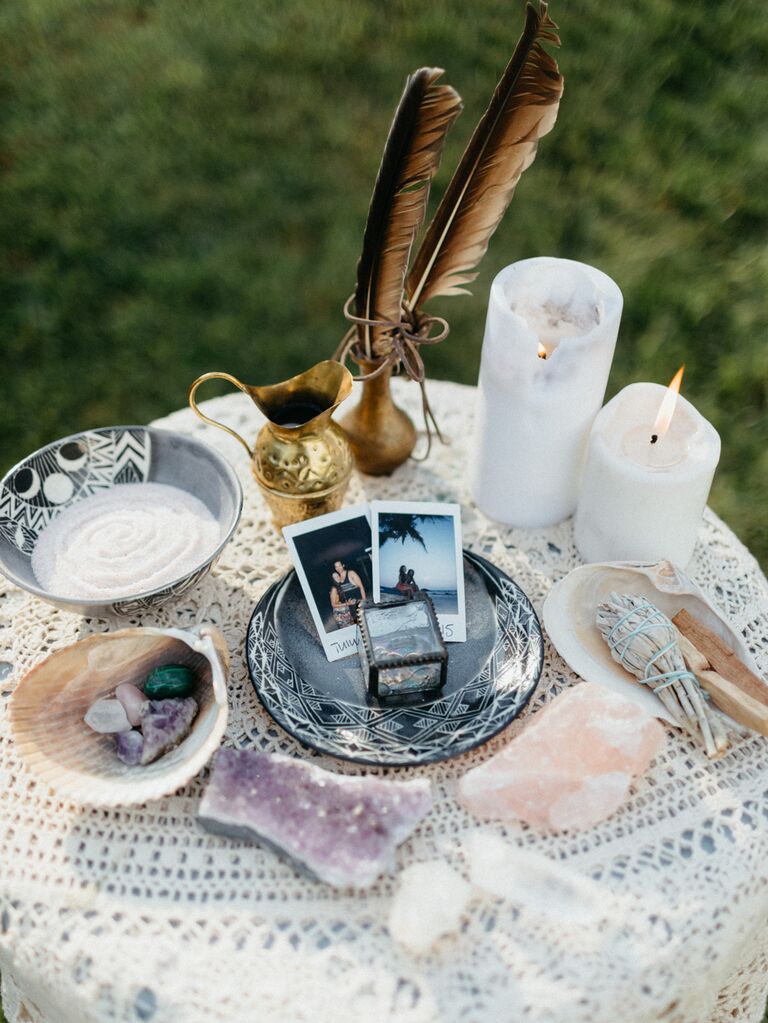 table with candles and crystals