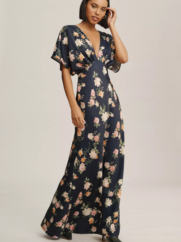 BHLDN V-neck flutter-sleeve floral bridesmaid dress
