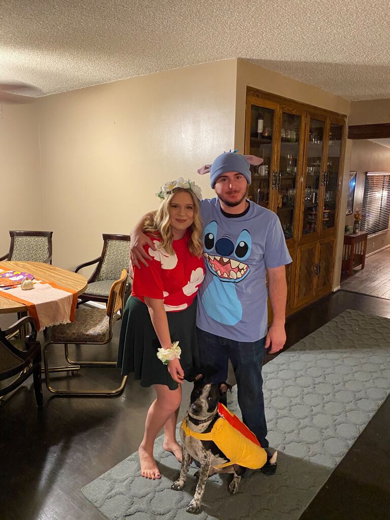Threw our first party in the house for Halloween and dressed up as Lilo and Stitch with Dudley as a hotdog