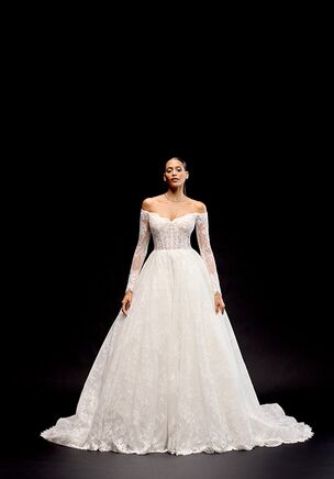 Allover Chantilly Lace Ball Gown with Off-The-Shoulder Long Sleeves