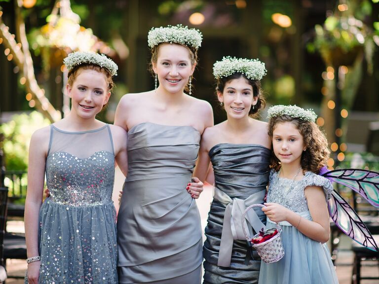Junior bridesmaids and the flower girl ready for the wedding ceremony. 