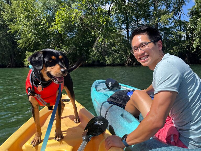 They moved to their current home in Austin in April of 2023 when Hannah started her new job at Tesla - this is them kayaking on Lady Bird Lake. P.S. Boba looks wet in this photo since he decided to abandon ship and jump into the water just minutes before this photo