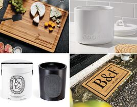 Four last-minute wedding gifts: a personalized cutting board, a cookie jar, a personalized welcome mat, and a Diptyque scented candle