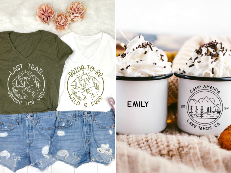 Camping bachelorette party ideas including tshirts and mugs