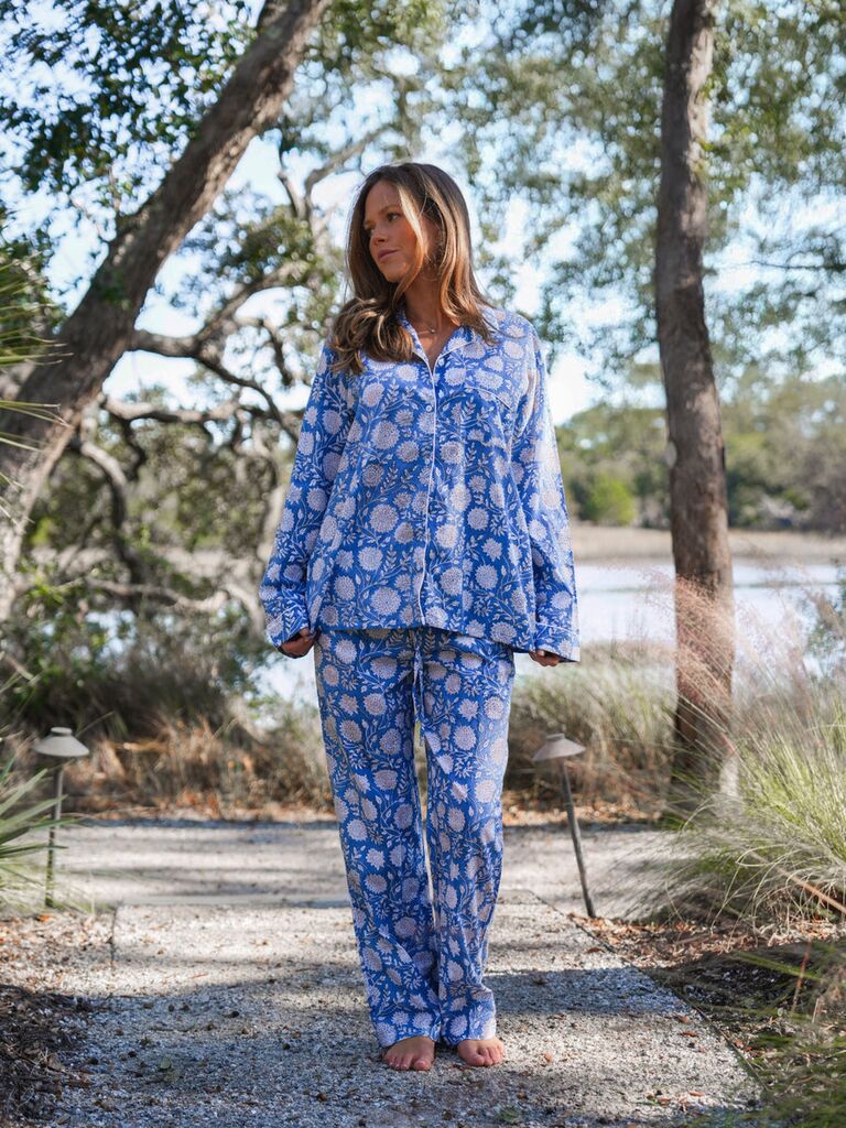 Darling Loungewear blue floral pajama set getting ready outfit for mother of the bride