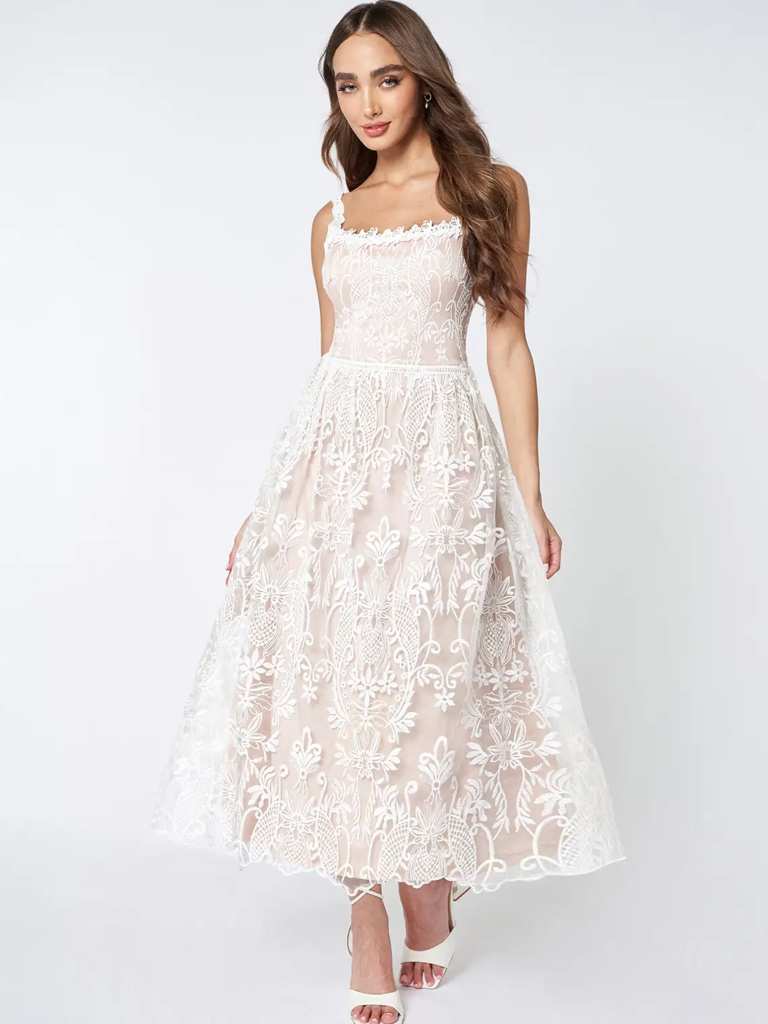 Azazie white lace midi dress for engagement photos