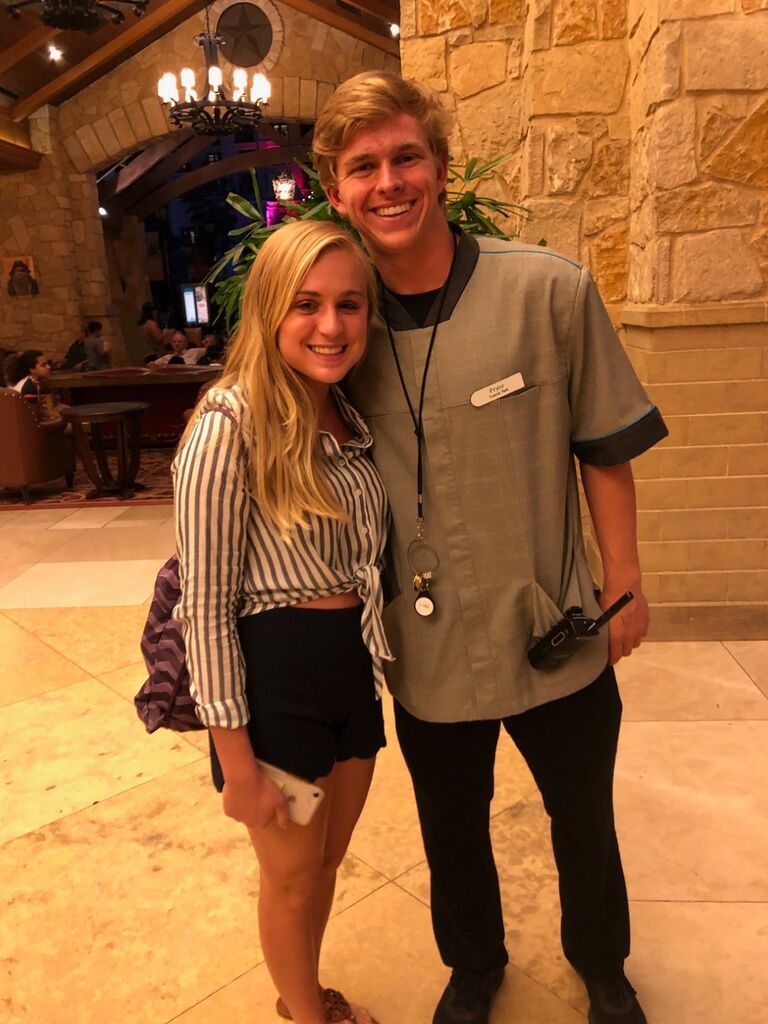 Once summer came around, the two continued to make memories before they parted ways for college. One night, being the thrill-seekers that they are, the duo decided to go check out some "haunted" graveyards  to see if they could discover anything paranormal. Instead of finding ghosts, they were tailed by a fake police officer for a couple mile stretch on a back road, which was enough to scare the daylights out of them! Later in the summer, Aubrey came and visited Pryor at his job as a bellhop at the Gaylord. Never has someone requested so many towels before! Safe to say Pryor spent a large part of his shift attending to her and her family! Knowing the importance of the guest experience, Pryor took Aubrey on a tour of the Gaylord's atrium. He managed to convince her that the light reflections on the ceiling were stars, and while the moment is a funny one to look back on and joke about, it was also a very intimate moment in which feelings were starting develop between the two.