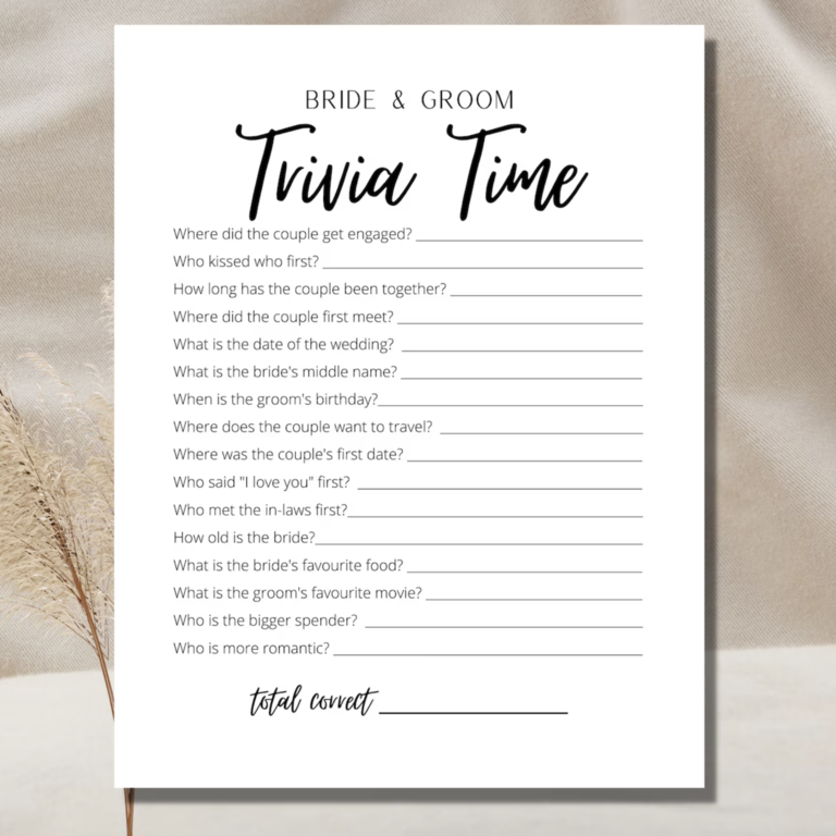 Printable "Bride and Groom Trivia Time" Printable Rehearsal Dinner Game