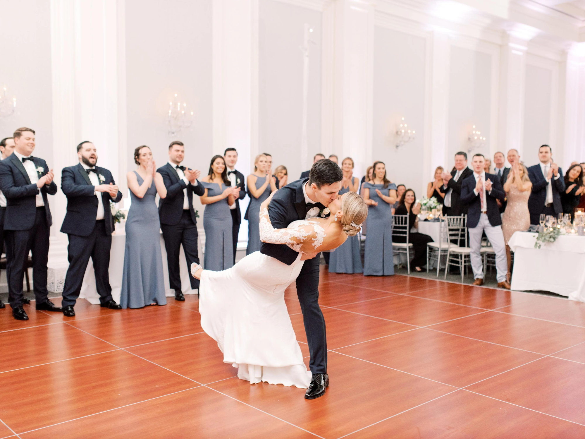 Couple sharing first dance at wedding, dance lessons courtesy of Pivot Ballroom in Philadelphia, Pennsylvania