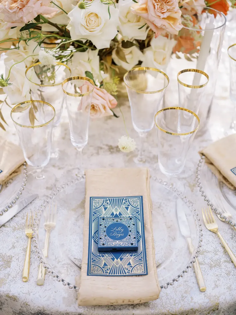 Blue and gold wedding menu, taylor swift themed wedding
